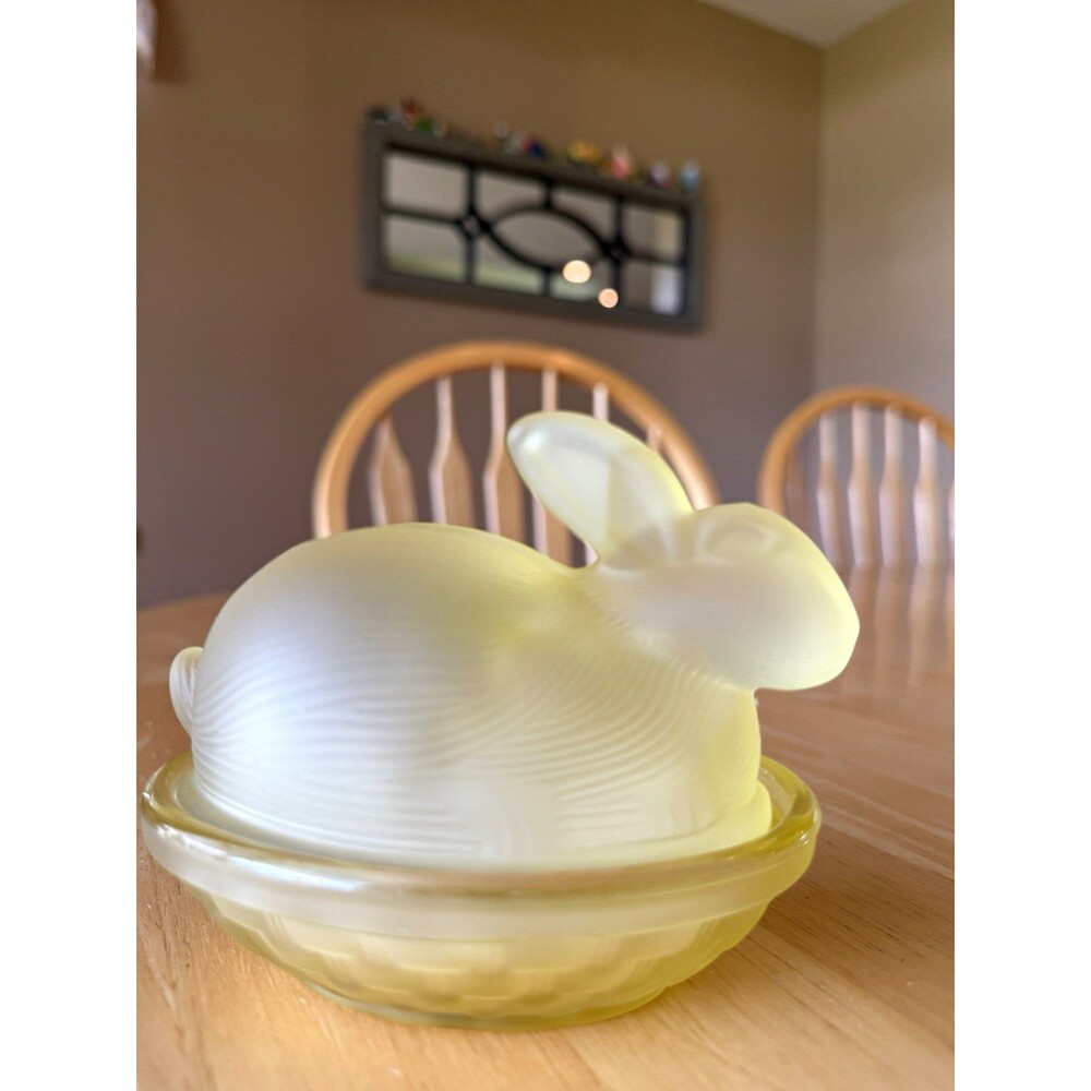 Frosted Glass Rabbit Lidded Decorative Box Oval Yellow White 6.5x4x4"